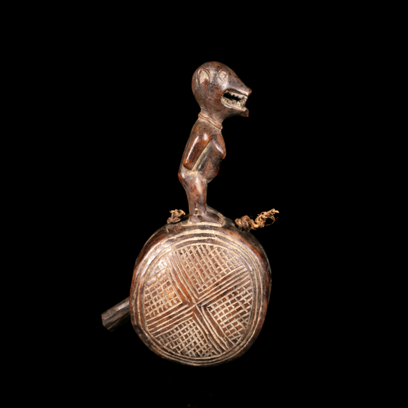 Kongo Dibu carved wooden bell with anthropomorphic figure – African art